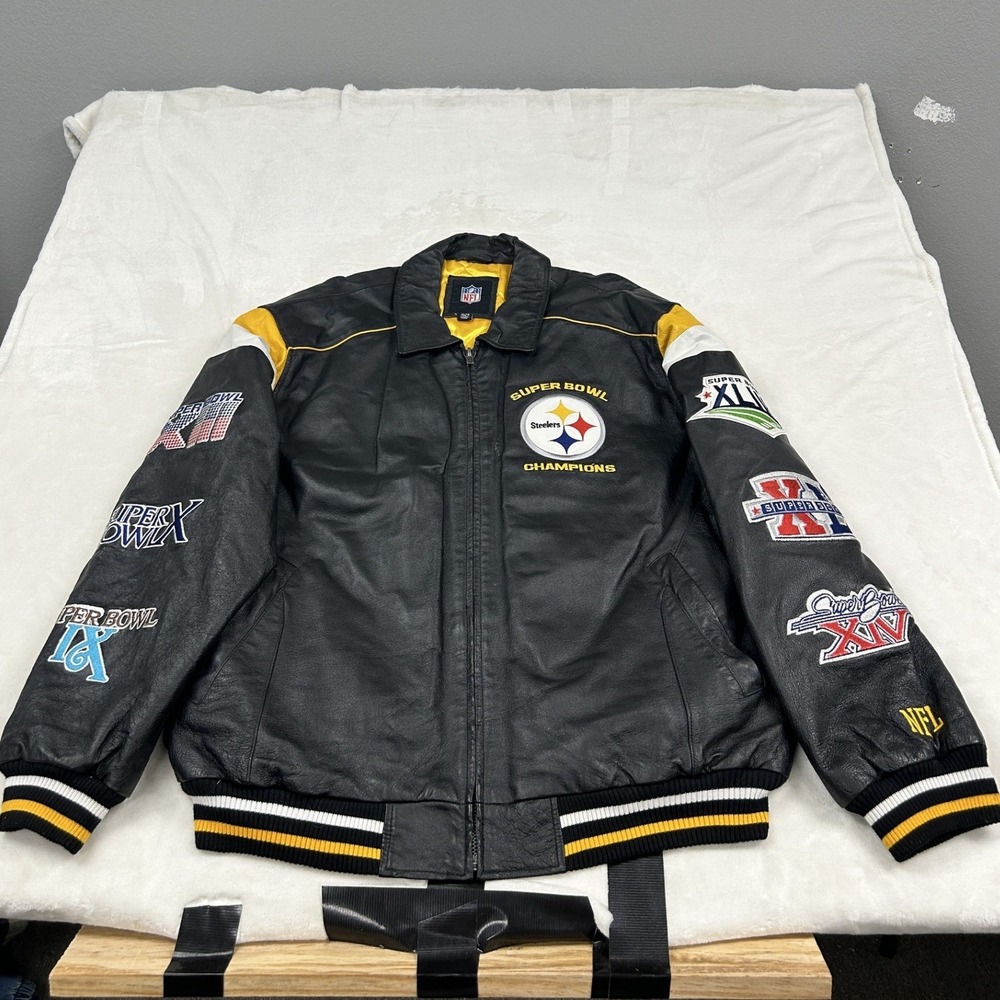 NFL Pittsburgh Steelers Leather Jacket Mens XL Black Super Bowl Champions Patch